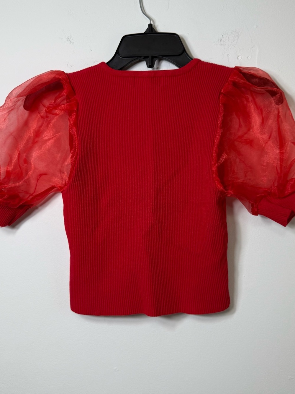 Balboa Red Ribbed Knit Zip Front Organza Puff Sleeve Top M Y2K Coquette - Picture 6 of 6